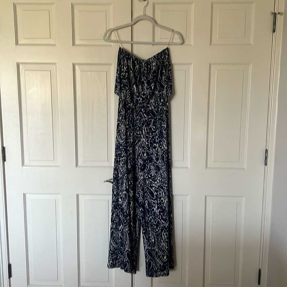 Blue and white strapless jumpsuit Size Small